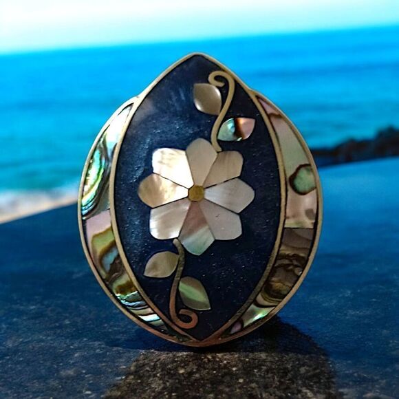 Alpaca Pendant Brooch Pin Abalone Shell Vintage Mexico Inlaid Floral Silver Tone - Picture 9 of 15